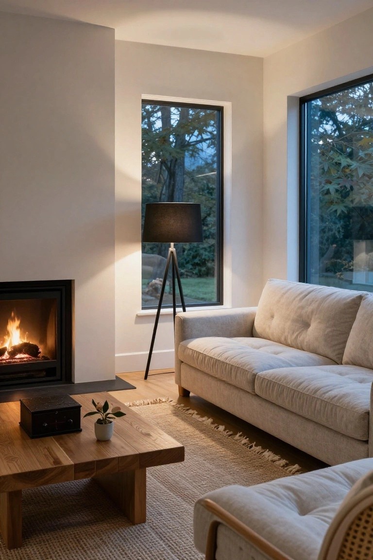 A cozy living room corner with a beige fabric sofa, low rectangular wooden coffee table, black tripod floor lamp, burning gas fireplace, potted plant, and large black-framed windows overlooking trees and greenery.