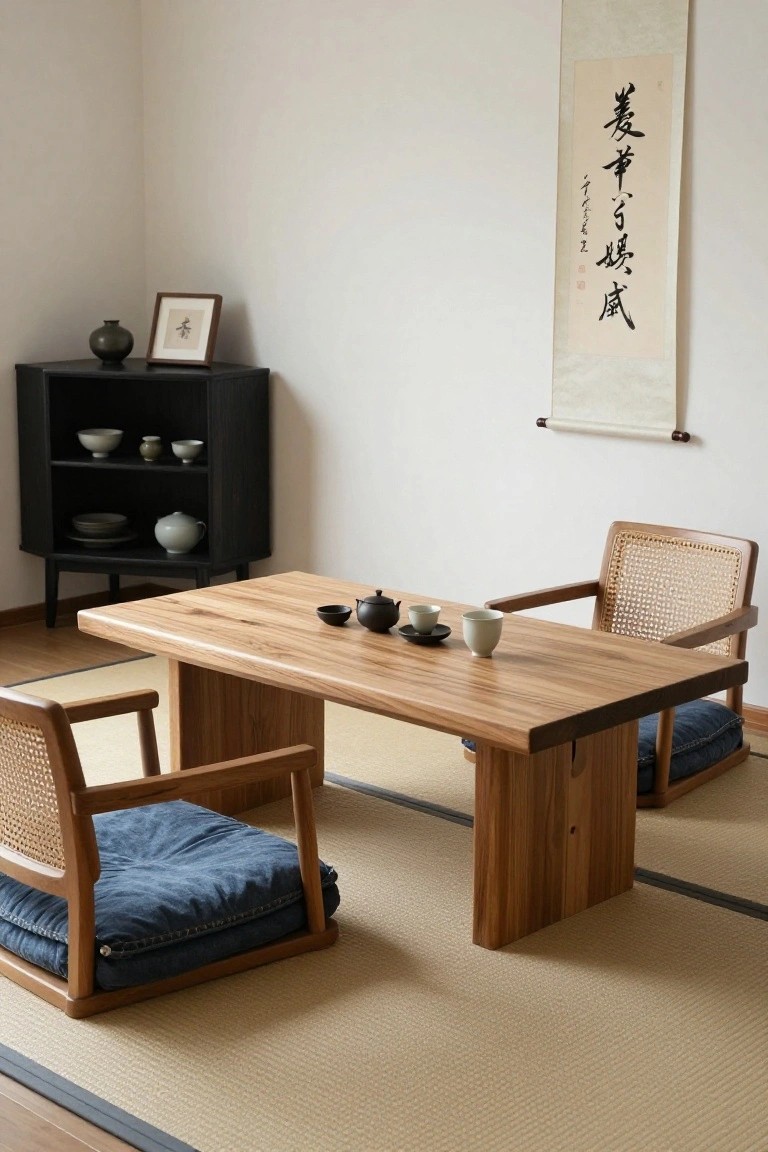 Minimalist interior room with tatami flooring, low rectangular wooden table, two rattan armchairs with blue cushions, black cabinet holding ceramics and vase, small framed artwork, and hanging white scroll with black calligraphy on white wall.