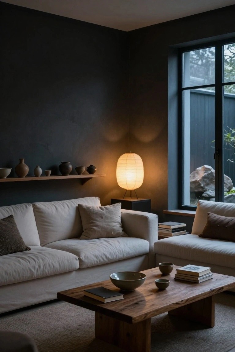 Dark textured walls in a living room corner with wooden floating shelves holding various ceramic pots, bowls, and vases, beside a rice paper floor lamp, white sofas, wooden coffee table with pottery, and large window to garden.