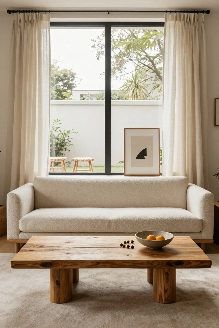 A cream bouclé sofa in a bright living room with sheer curtains on large windows overlooking a garden, a rectangular live-edge oak coffee table with thick cylindrical legs on a light rug, small stools outside, and a framed abstract black triangle artwork on the wall.