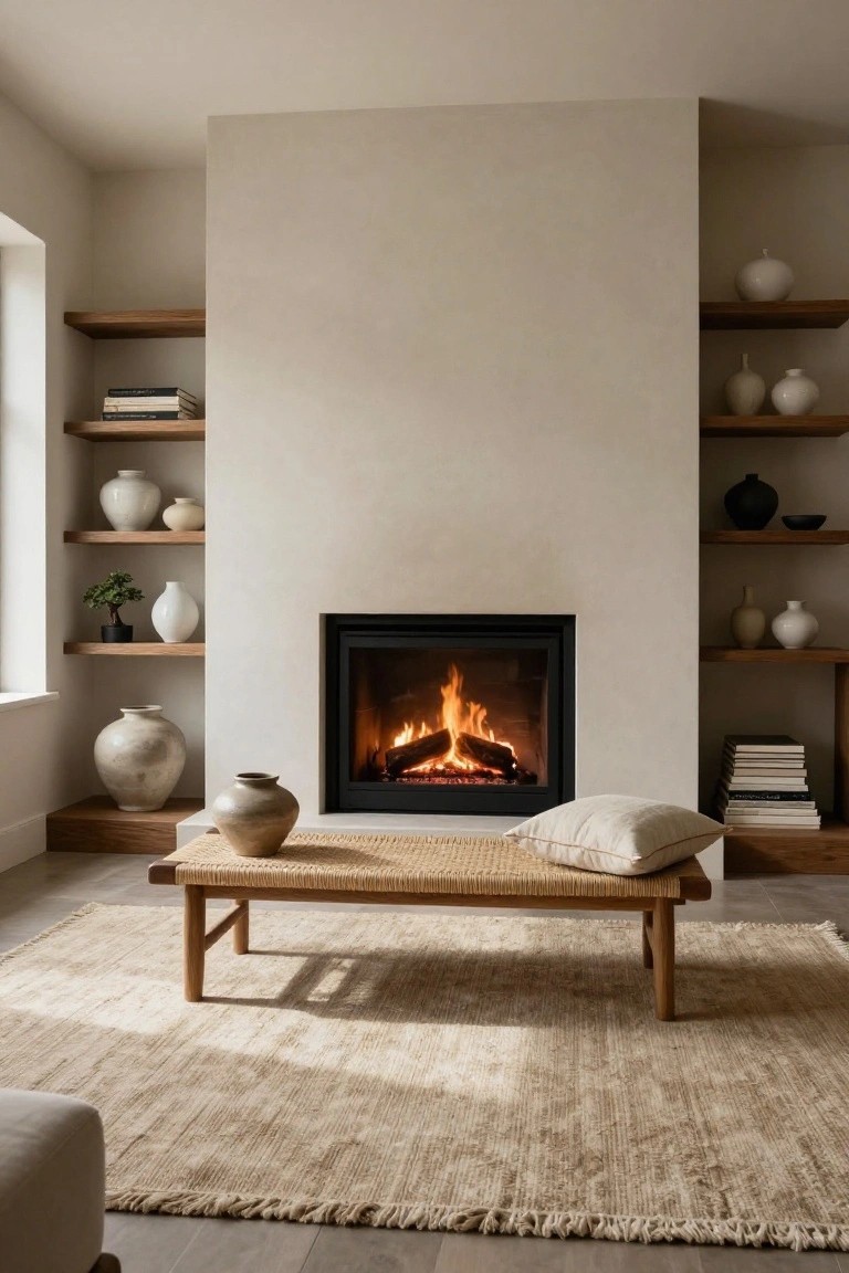 A living room with a beige wall featuring a lit modern fireplace flanked by asymmetrical wooden shelves holding white and textured ceramic vases, a bonsai plant, and books, plus a rattan bench with cushion in front on a beige rug.
