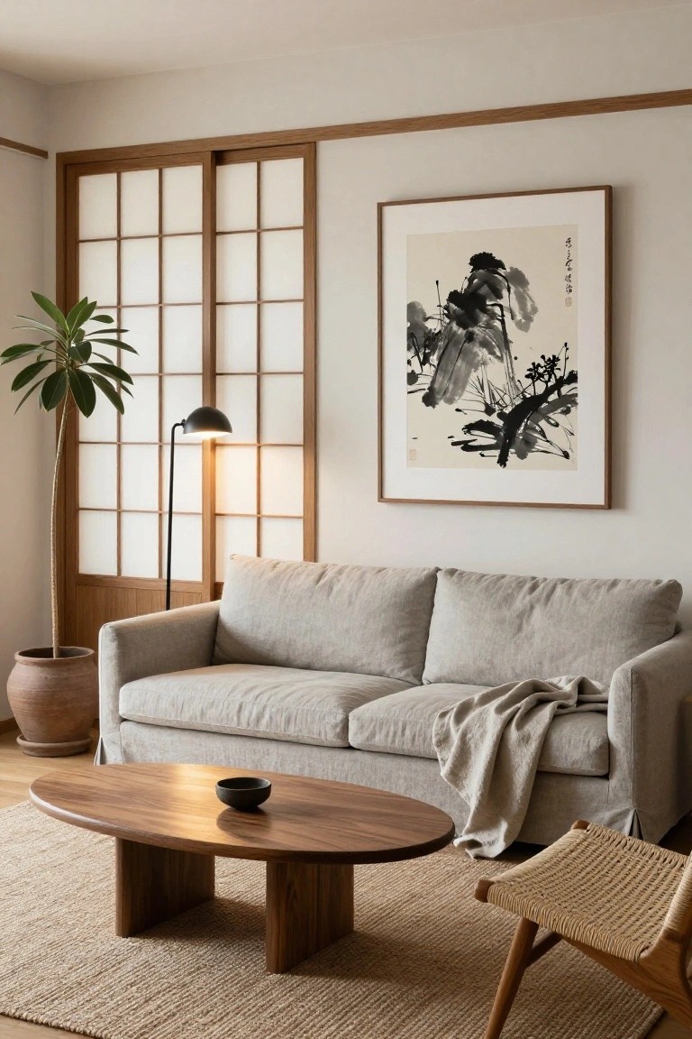 A Japandi living room with wooden-framed shoji sliding doors on one wall, light gray linen sofa, oval walnut coffee table holding a black bowl, potted palm plant, black floor lamp, large ink brush painting, and rattan armchair on a seagrass rug.