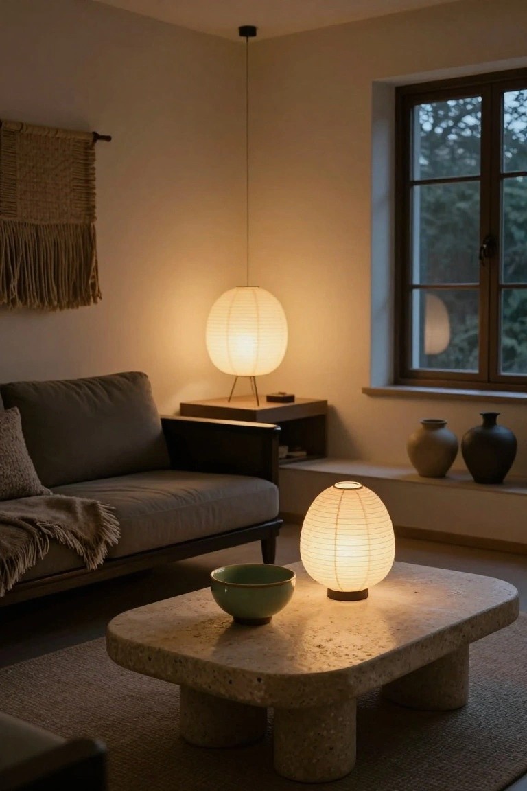Cozy living room corner featuring a low beige sofa with throw, organic travertine coffee table holding a green bowl and paper lantern lamp, side table with another lantern, woven wall hanging, ceramic vases on shelf, and window with trees outside.