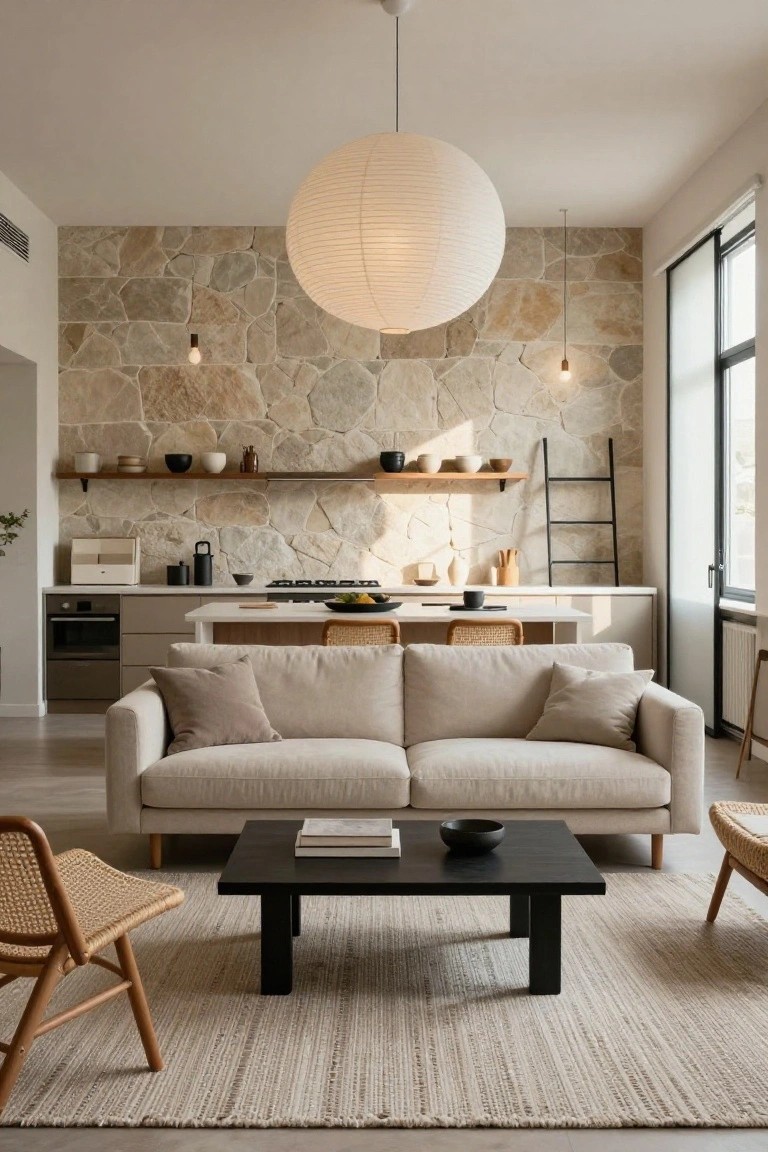 Open-plan modern living room and kitchen with beige stone accent wall, floating shelves with ceramics, white island counter, beige linen sofa, black coffee table, rattan chairs, and large paper lantern overhead.