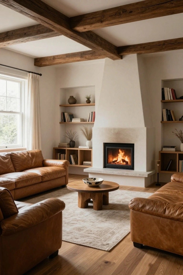 Living room featuring two tan leather sofas facing each other around a round wooden coffee table in front of a stone fireplace, with exposed wooden ceiling beams, white walls, built-in wooden shelves, and light wood floors.