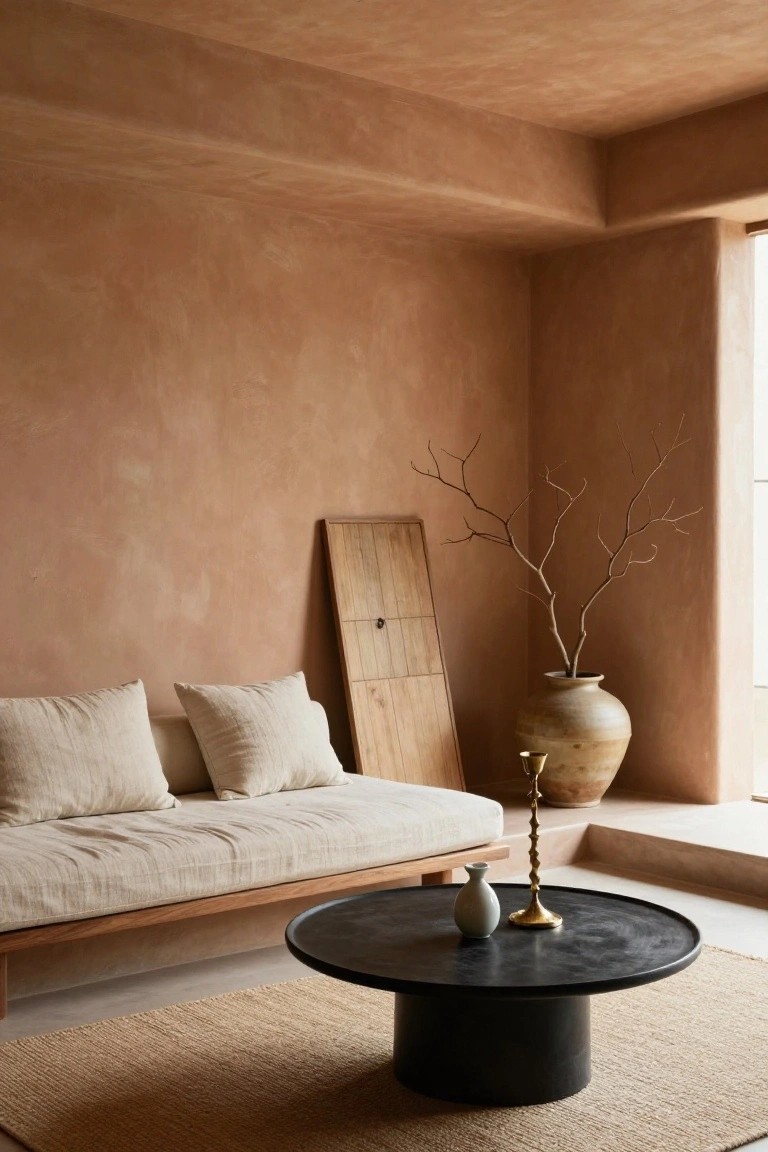 A Japandi-style living room with terracotta textured walls, low wooden daybed with beige cushions, black round coffee table on a beige seagrass rug, wooden screen, tall vase with branches, candles, and a window.