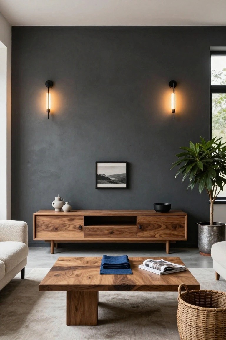 Modern living room with walnut wood media console topped with ceramic vases and black bowl, matching square coffee table holding magazine and blue cloth, textured dark gray wall with framed photo and neon wall sconces, potted plant in metal pot, white bouclé sofa, and woven basket on light gray floor.