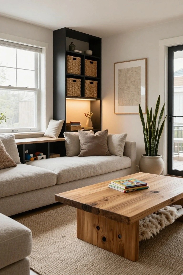A light beige sofa faces a low wooden coffee table in a living room with black built-in shelving and window seat beside a large window, wicker baskets on shelves, a snake plant in a ceramic pot near a glass door, and neutral rug on the floor.