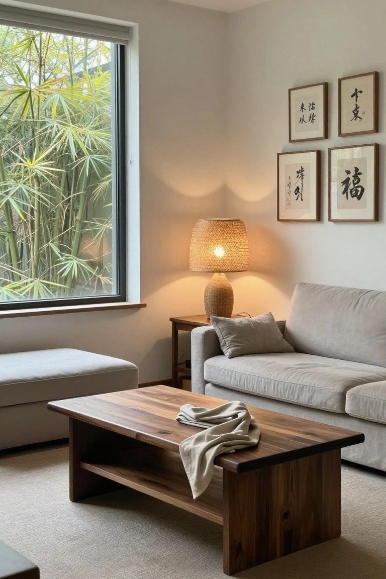 Light gray sofa and low wooden coffee table with linen throw in a beige living room, rattan lamp on side table, Japanese calligraphy art on walls, large window showing green bamboo outside.