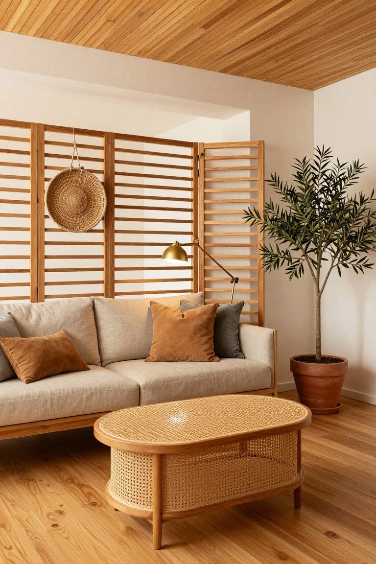Beige linen sofa with orange and gray cushions in a living room featuring slatted wooden screens, rattan coffee table, olive tree in terracotta pot, brass arc lamp, woven wall basket, and wooden plank ceiling and floors.
