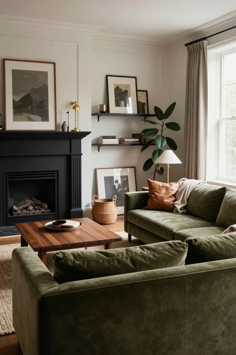 Living room corner with black-painted fireplace mantel and firebox, olive green velvet L-shaped sofa, wooden coffee table, wicker basket, potted plant, shelves with books, framed artwork, and window with beige curtains.