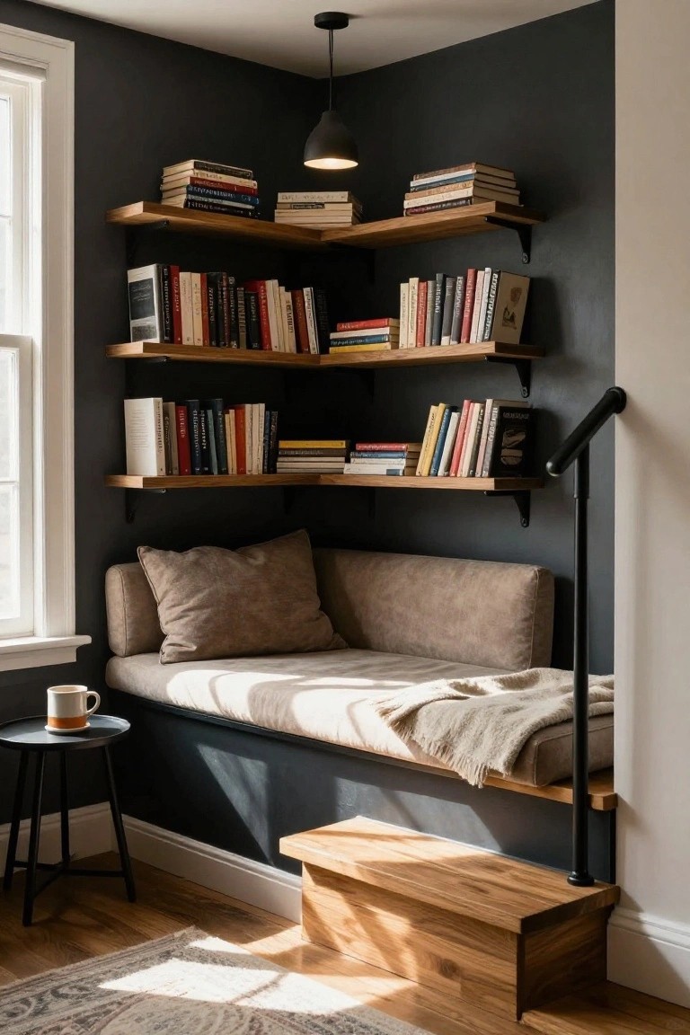 Dark-walled corner room with wooden floating shelves filled with assorted books surrounding a cushioned bench seat under a window, a small round table holding a mug, and a wooden step stool nearby.