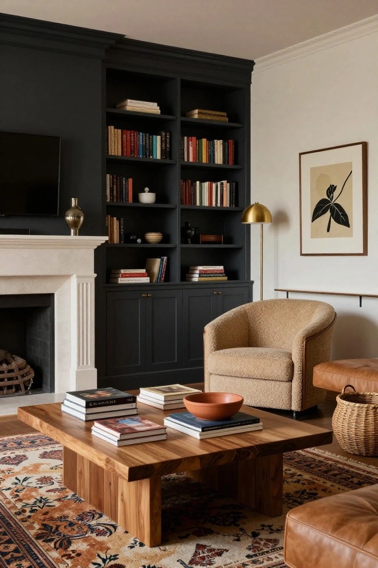 Living room with dark navy built-in bookshelves and cabinets around a white stone fireplace and mounted TV, beige swivel chair, wood coffee table with books, terracotta bowl, woven baskets, and patterned rug.