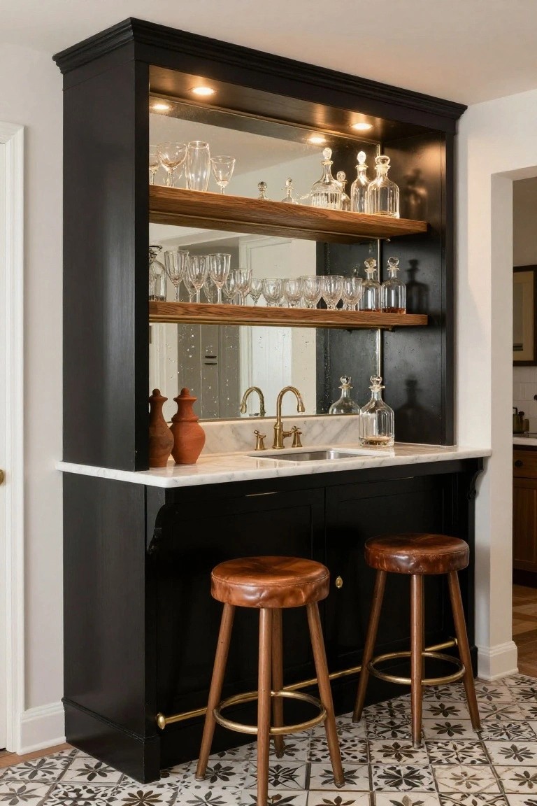 Tall black wooden cabinet with open wood shelves holding glassware and bottles, mirrored backsplash, white marble countertop with brass sink faucet, and two brown leather stools on black and white patterned tile floor.