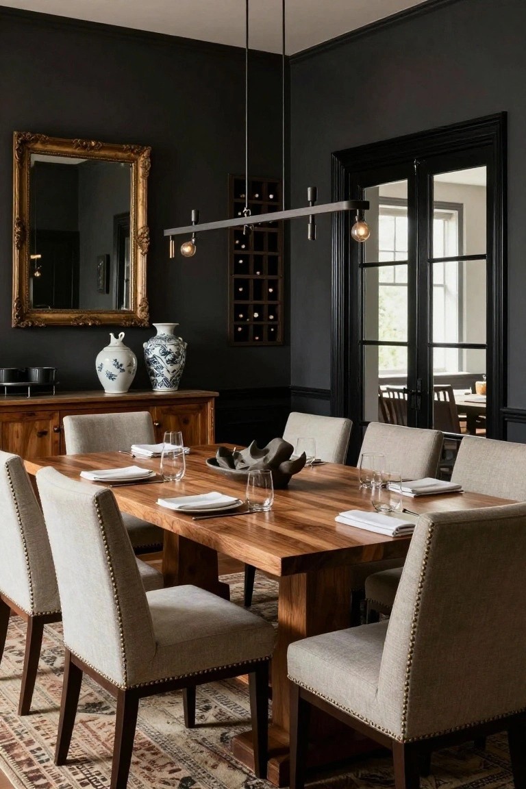Dining room with dark gray walls, rectangular wooden table set with white linens and glassware, beige upholstered chairs, gold-framed mirror, blue and white ceramic vases, wine rack, and black French doors.