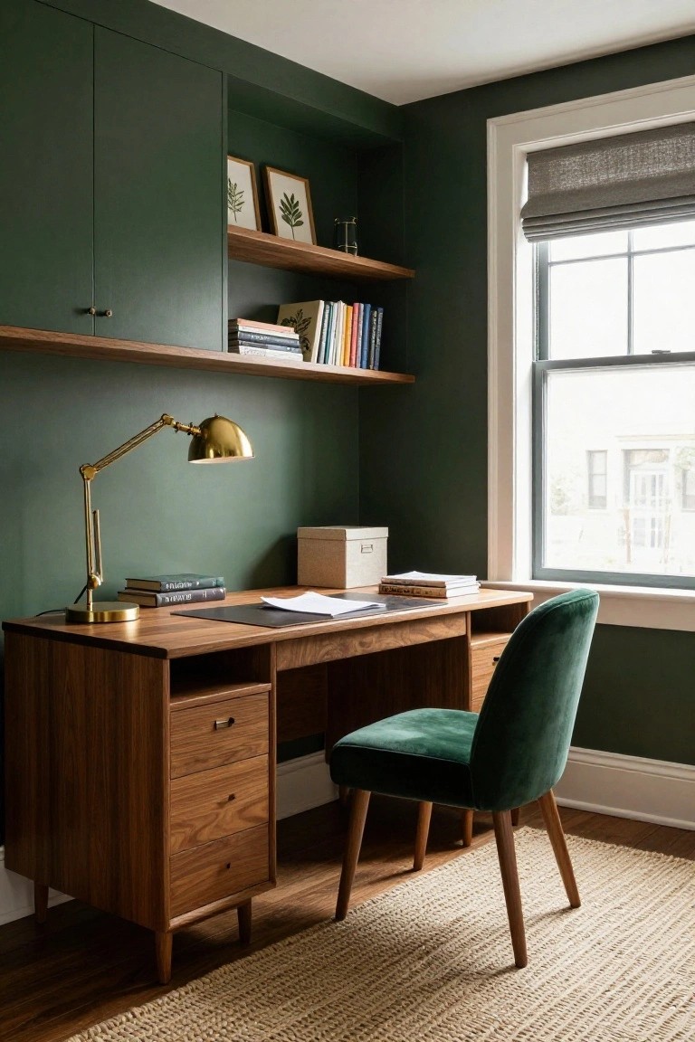 Home office with deep green painted walls and matching built-in cabinets above walnut wood desk with drawers, green velvet chair, brass desk lamp, books on shelves, papers on desk, and window with gray roller shade.