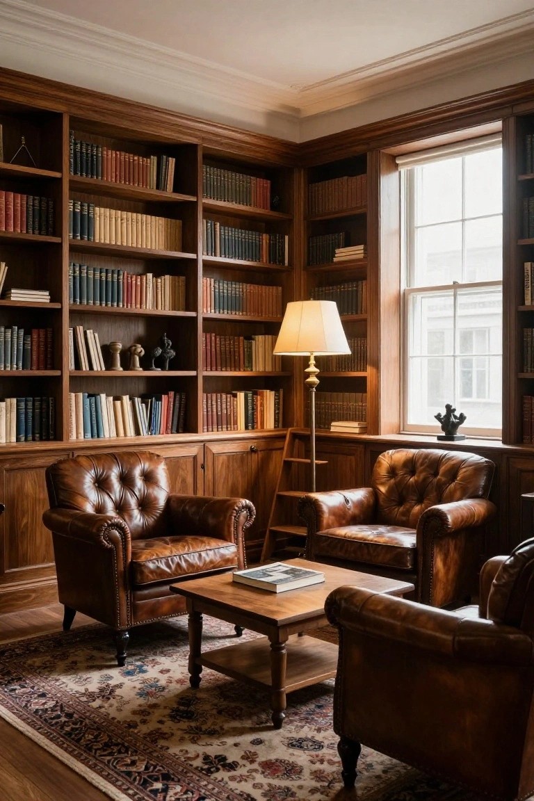 Corner study room with dark wood built-in bookshelves on two walls filled with colorful books, two tan tufted leather armchairs around a low square wooden coffee table, a brass floor lamp, small sculptures on shelves, and a large window with blinds.