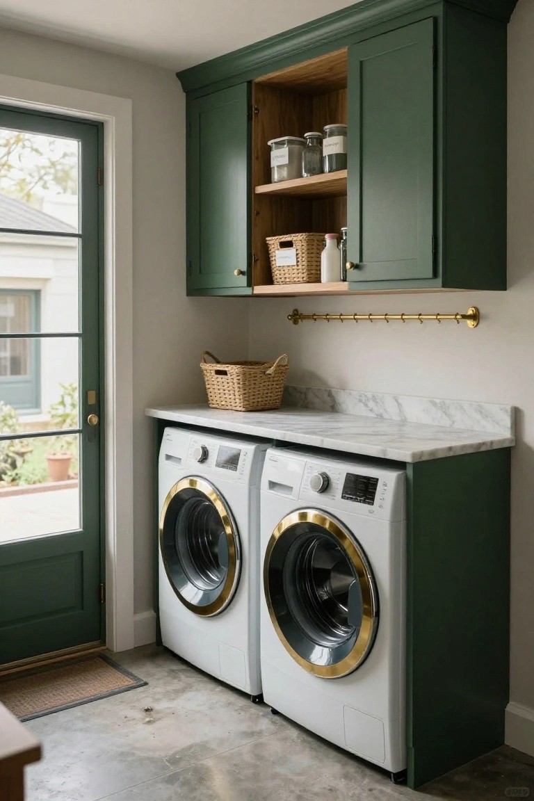 Laundry room with green cabinets enclosing two white front-loading washers and dryers topped by a white marble countertop, brass towel rod, wicker baskets, and a green door to the outside.