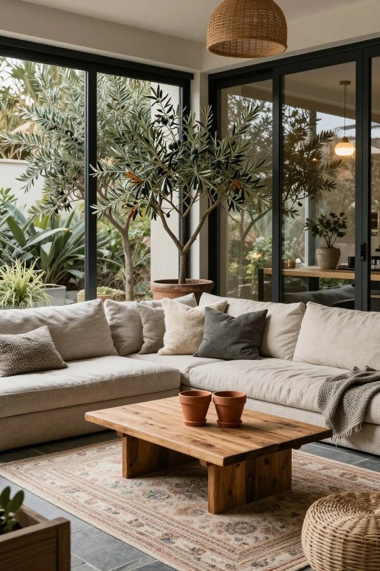 Light beige L-shaped linen sofa with assorted pillows faces wooden coffee table holding two terracotta pots in a living room with tall potted olive tree, black-framed floor-to-ceiling sliding glass doors to garden, rattan hanging light, neutral patterned rug on gray slate tile floor, and woven pouf nearby.