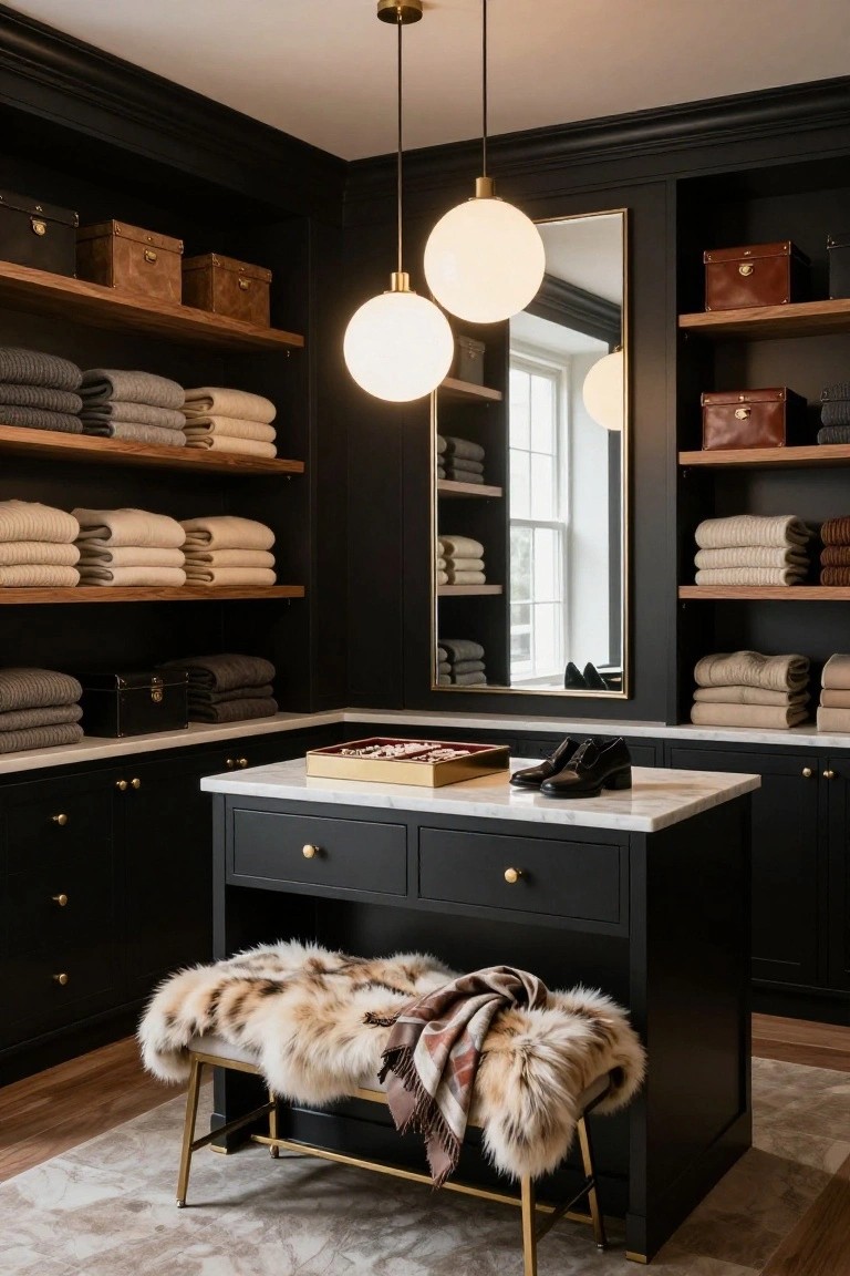 Dark-paneled walk-in closet corner with wooden shelves holding folded neutral sweaters and towels, central white marble island topped with shoes and a tray, black fur bench, brass globe pendant lights, and large gold-framed mirror.