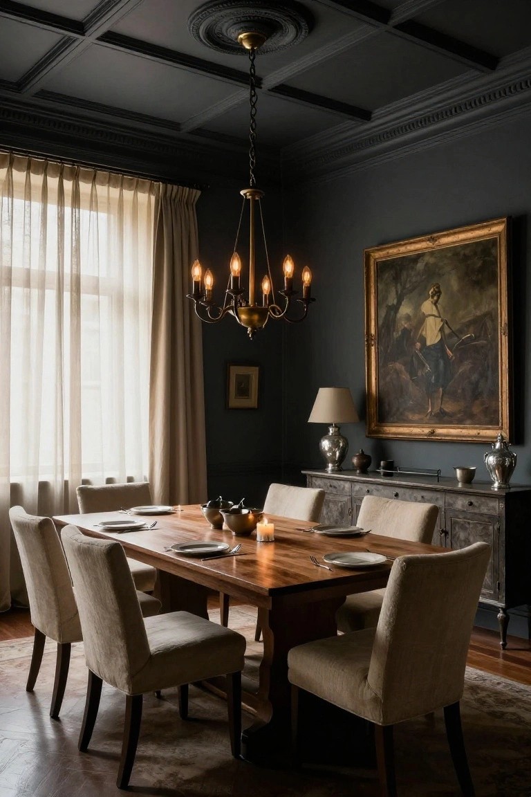 Dining room with dark charcoal walls, rectangular wooden table set with plates and candles, beige upholstered chairs, brass chandelier overhead, large gilded painting, and sideboard with silverware.