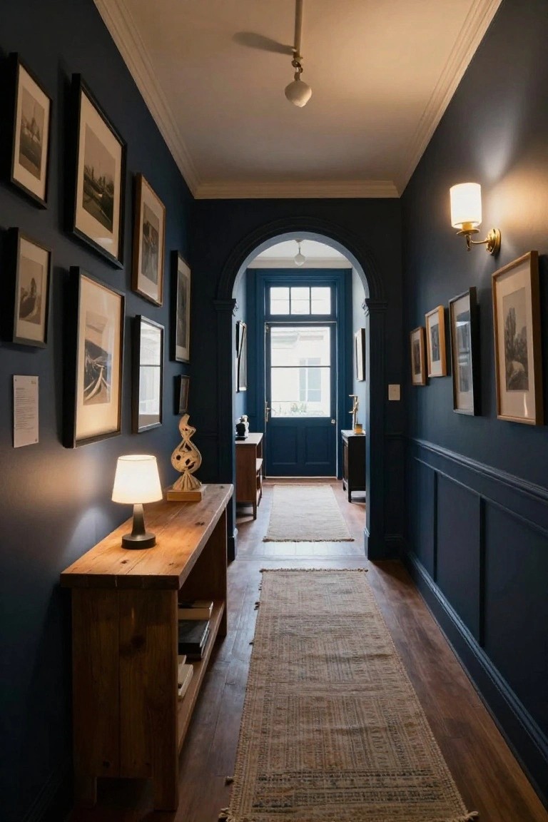 Narrow interior hallway with dark navy blue paneled walls lined with black-framed art photos, wooden console table holding lamp and sculpture, beige runner rug on hardwood floor, archway leading to blue door with window light.