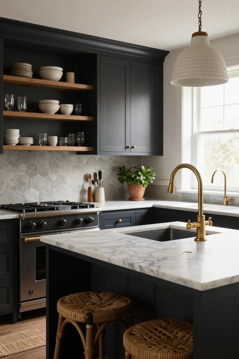 Kitchen with navy cabinets, white marble countertops and island, gold faucets over a black sink, gray hexagonal tile backsplash, open wood shelves with dishes, rattan stools, and a potted plant.