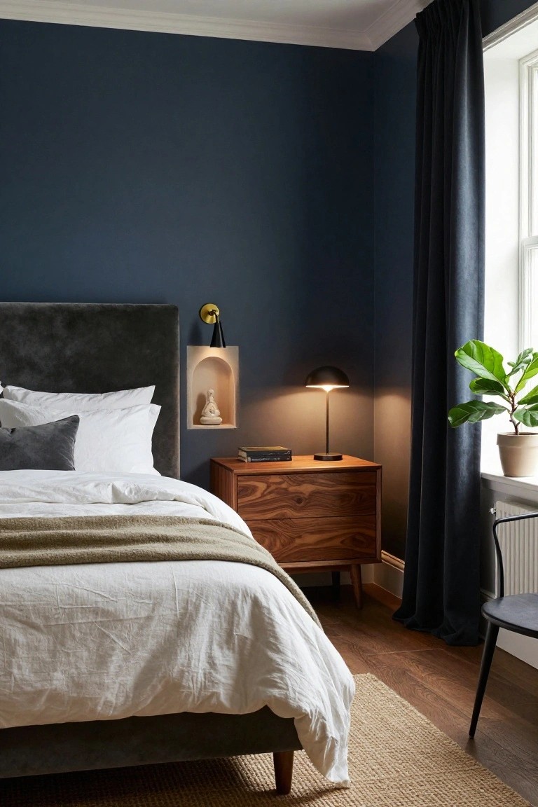 Corner of a bedroom with navy blue walls, gray velvet upholstered bed with white sheets and pillows, wooden nightstand holding books and a lamp, potted plant on windowsill, and dark curtains.
