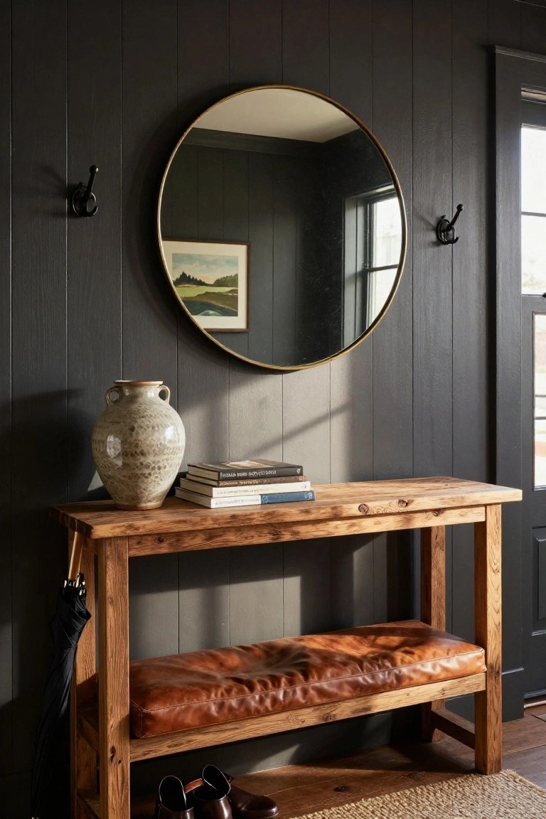 Dark shiplap-paneled entryway with rustic wooden console bench featuring leather cushion seat, open lower shelf holding umbrella and shoes, gold-framed round mirror above, ceramic vase and stacked books on top, coat hooks on wall, and woven rug on floor.