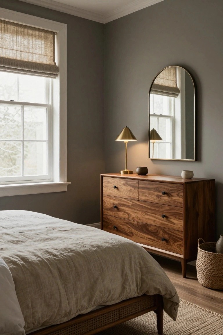 Bedroom corner with gray walls, low four-drawer acacia wood dresser topped with two brass cone lamps, brown and white ceramic pots, and large arched brass mirror reflecting seagrass roman shades on multipane window, rattan bed frame with white linen bedding and pillows, wicker basket on wood floor.
