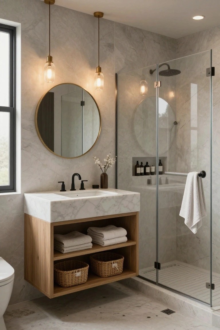 Modern bathroom with floating light wood vanity under white marble sink, gold round mirror, glass shower enclosure with black fixtures, white toilet, pendant lights, and gray veined tile walls and floor.