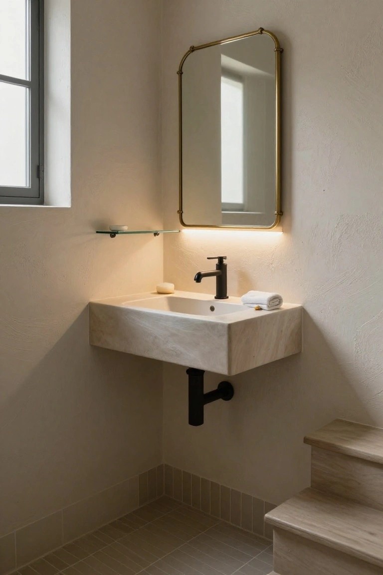 Corner bathroom with wall-mounted white stone sink, black faucet, brass mirror with LED edge lighting, glass shelf holding soap dish and towel, and short wooden steps on beige tiled floor.