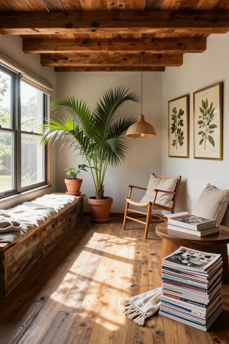 Interior room featuring exposed wooden ceiling beams, light wood plank floors, a tall potted palm plant near a window bench, a rattan armchair with cushions, gold-framed botanical prints on walls, and a stack of magazines on a round wooden side table.