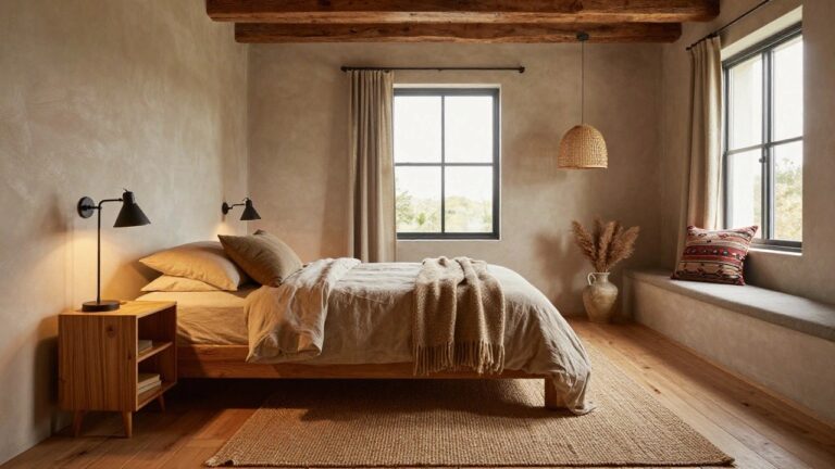 Bedroom with exposed dark wooden ceiling beams, low wooden platform bed dressed in white linen sheets and throw, beige walls, window bench with patterned pillow, potted plants, wall sconces, and rattan pendant light.