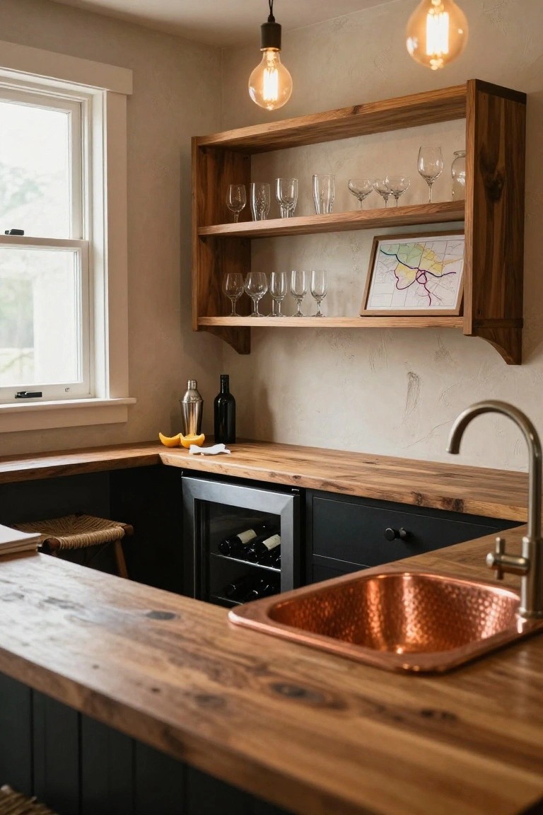 Corner kitchen bar with live-edge wooden countertop, hammered copper sink, dark paneled cabinets, built-in wine cooler, open wooden shelves holding glassware and bottles, and rattan stools.