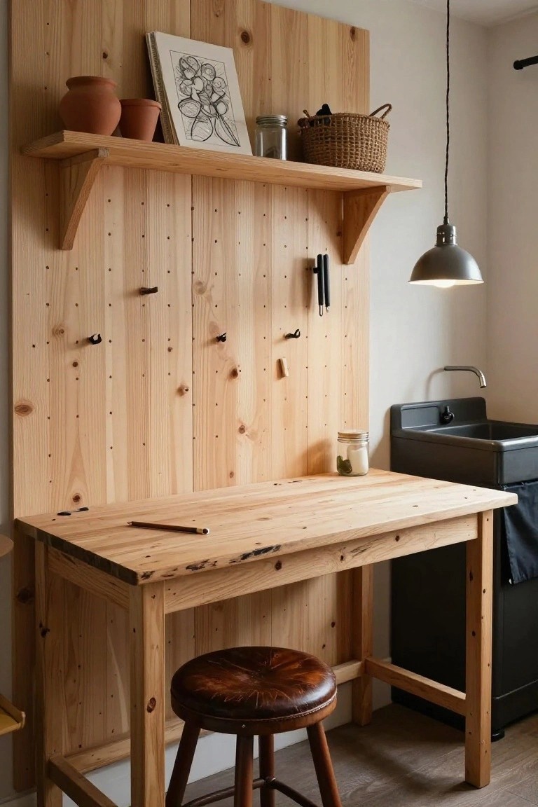 Rustic wooden paneled wall with integrated pegboard hooks and shelves holding pottery, jars, baskets, and utensils above a wooden workbench, stool, and black sink.
