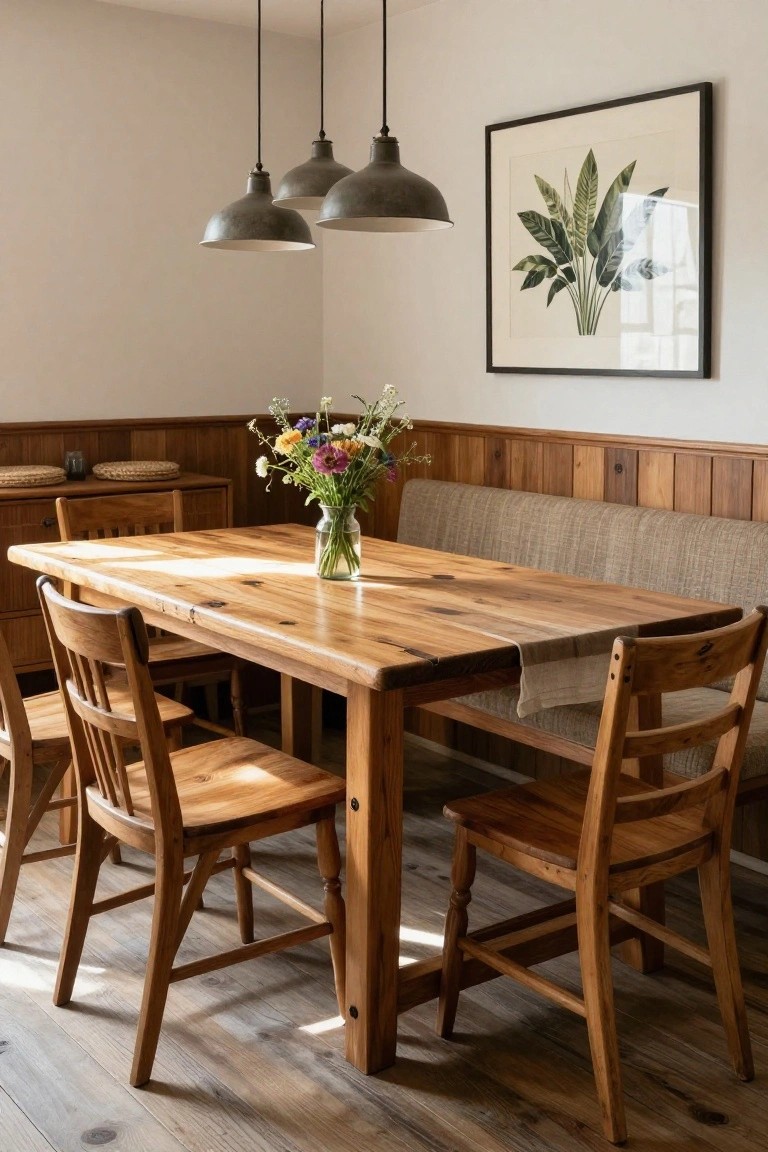 Rustic wooden dining table with four chairs and a bench seat against wood-paneled walls in a light-filled room, featuring pendant lights, a vase of wildflowers, and a framed leaf print on the wall.