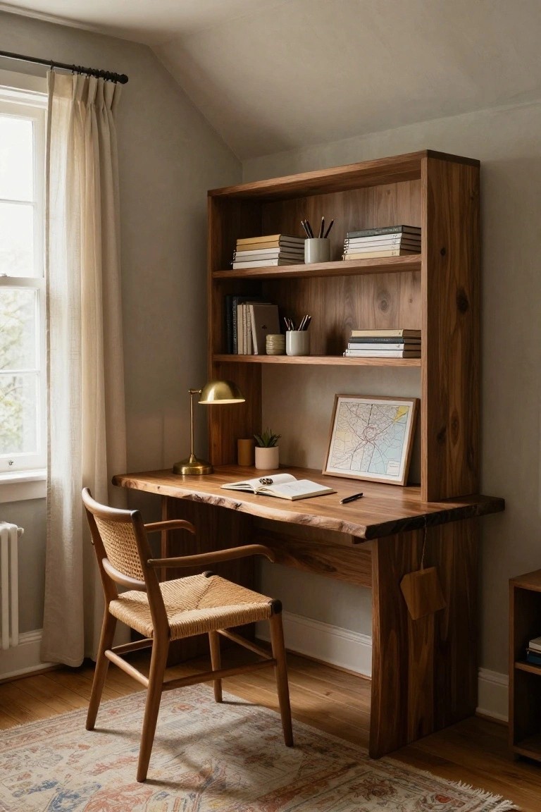 Cozy attic home office with integrated wooden desk and bookshelves in walnut, rattan armchair, brass desk lamp, open notebook on desk, sheer curtained window, and oriental rug on wood floor.