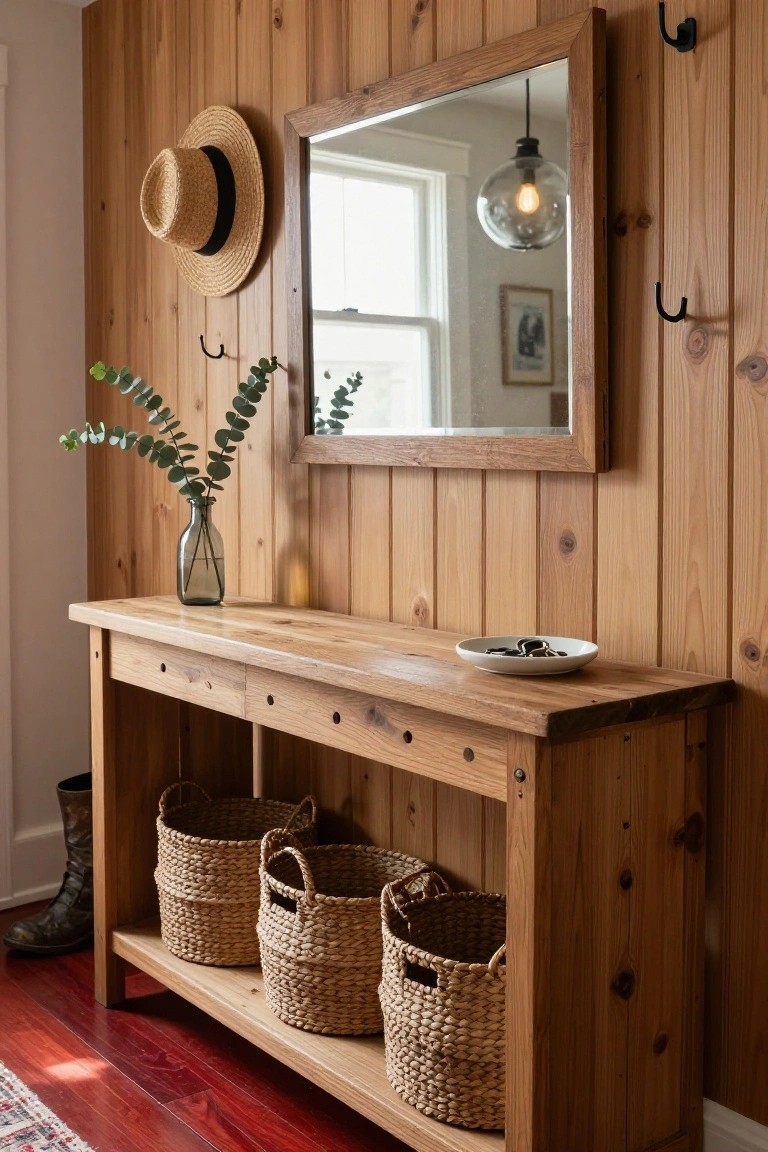 Wooden console table with woven baskets in lower shelf against knotty pine paneled wall in an entryway, with mirror above, straw hat on wall hook, eucalyptus in glass vase, small dish on table, and tall boots on floor nearby.