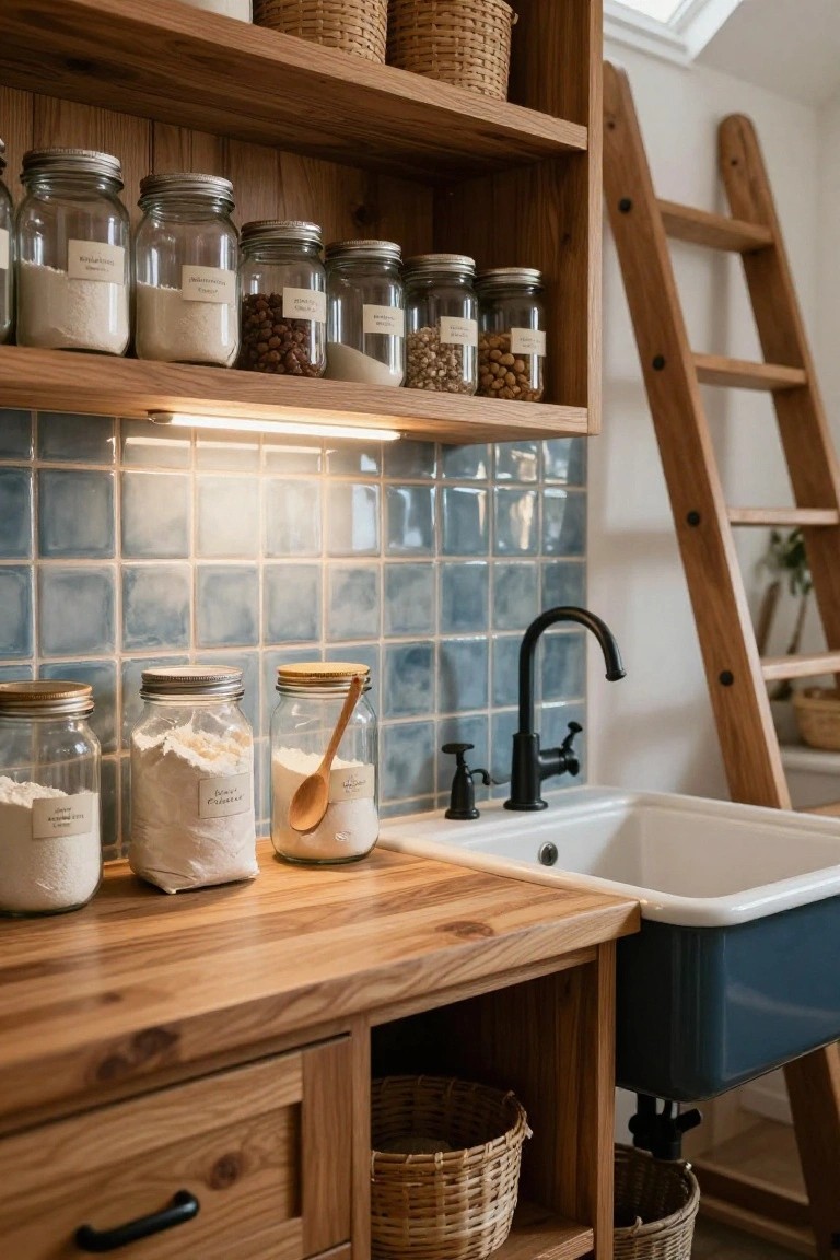 Wooden open kitchen shelves stocked with glass jars of flour, beans, nuts, and rice, next to a blue tiled backsplash, black faucet, white farmhouse sink, and wooden ladder.