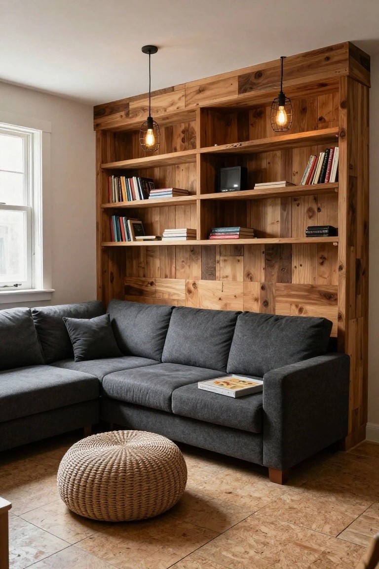 Living room corner featuring a tall wooden bookshelf wall with planks and open shelves holding books and a media player, behind a gray L-shaped sofa with cushions, a woven ottoman on cork tile floor, and pendant lights overhead.