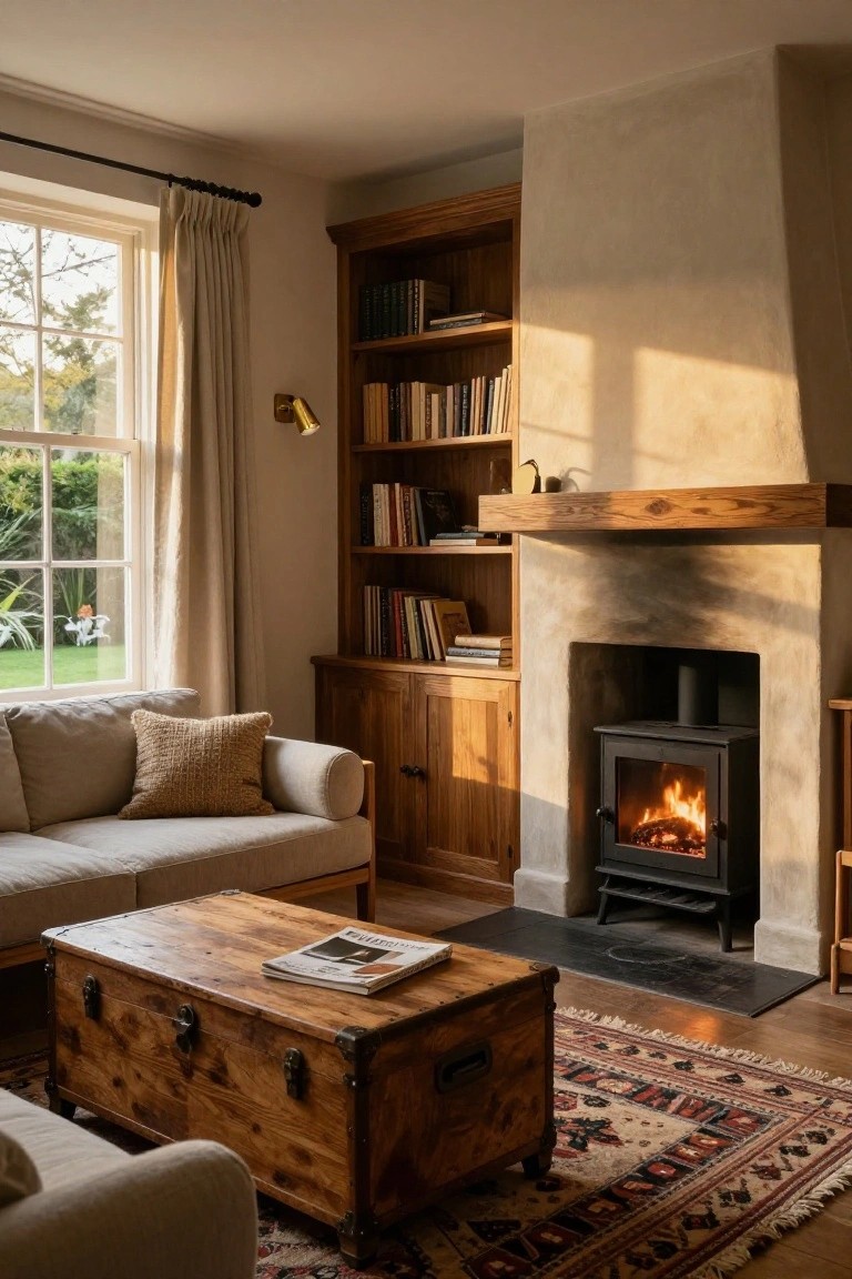 Sunlit living room corner with wooden built-in bookshelves and cabinets flanking a plaster chimney and lit cast-iron stove, cream sofa, wooden trunk table, and patterned rug.