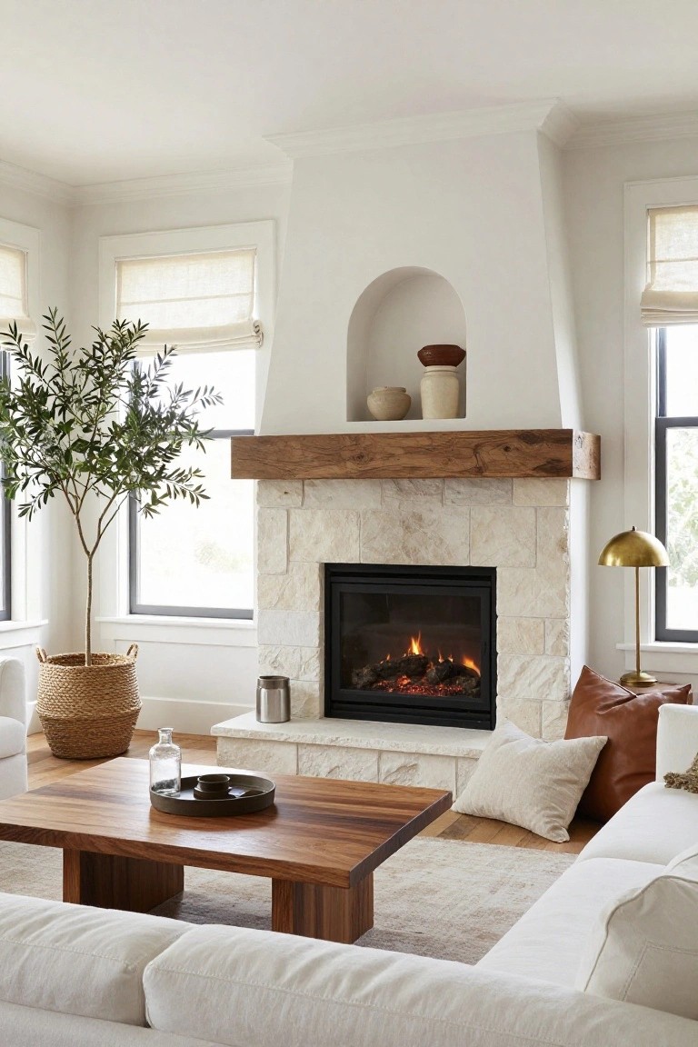 Living room with white stone arched fireplace under rustic wood beam mantel, burning gas fire, white sofa with pillows, wood coffee table, potted olive tree in seagrass basket, and large windows with linen shades.