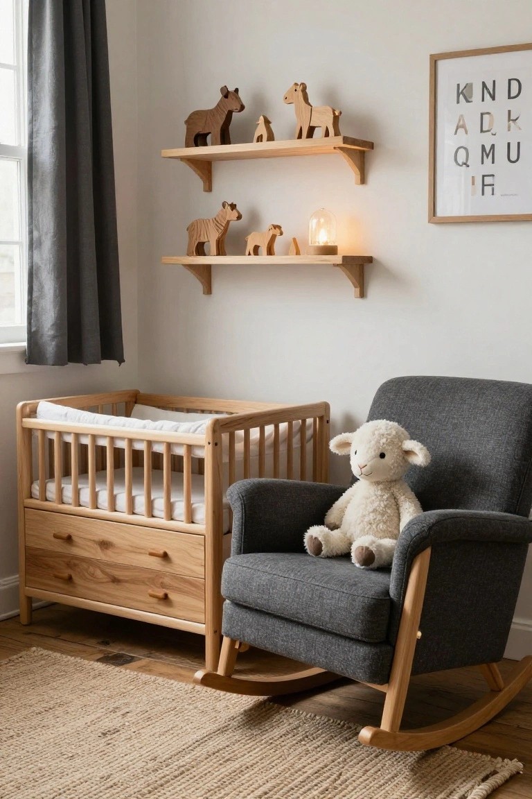 A light wood crib with drawers next to a gray upholstered rocking chair holding a white stuffed lamb, wooden animal toys on floating oak shelves above, neutral walls with a KIND letter art print, and a seagrass rug in a bright room.