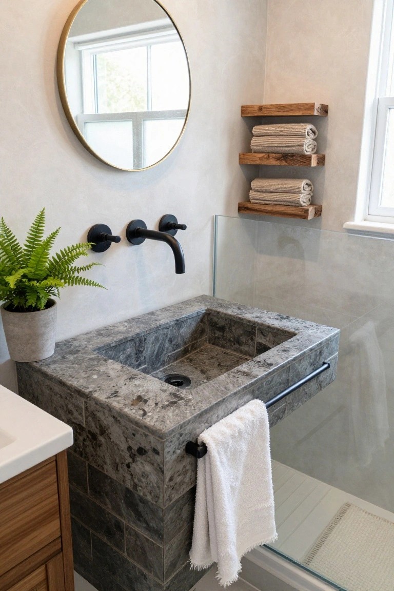 Modern bathroom with matte black wall faucets over a gray stone vessel sink on a tiled base, round gold mirror, floating wooden shelves holding folded textured towels, potted fern plant, wooden towel bar with white towel, and glass shower enclosure.