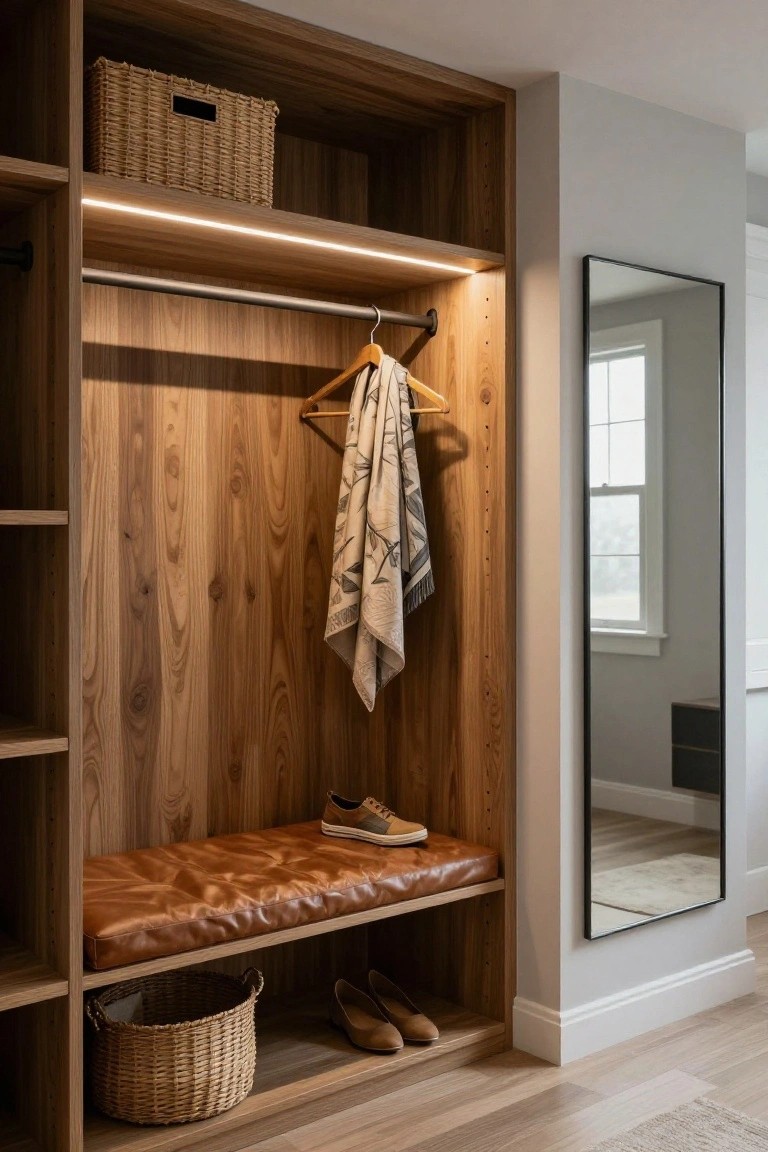 Walk-in closet with light wood-paneled walls and shelves, integrated LED lighting, hanging rod with scarf and shirt, leather bench holding sneakers, pair of heels on floor, woven baskets, and full-length mirror nearby.