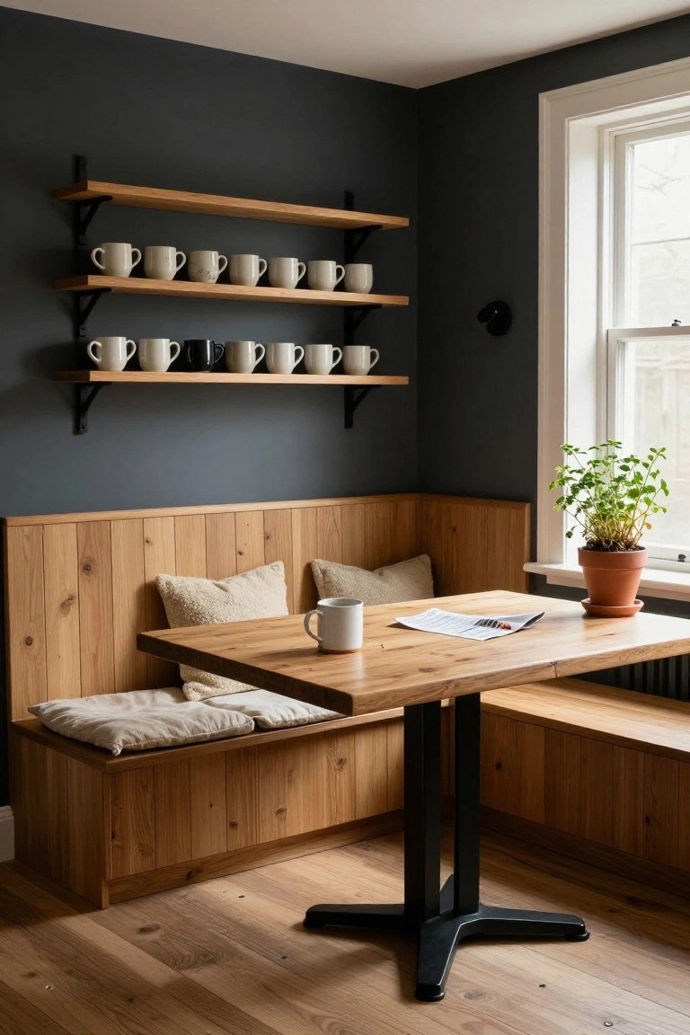 Corner booth with vertical pine wood paneling on walls and benches, beige cushions, wooden table with white mug and newspaper, wooden shelves above holding white and black ceramic mugs, dark gray walls, window, potted plant, and hardwood floor.