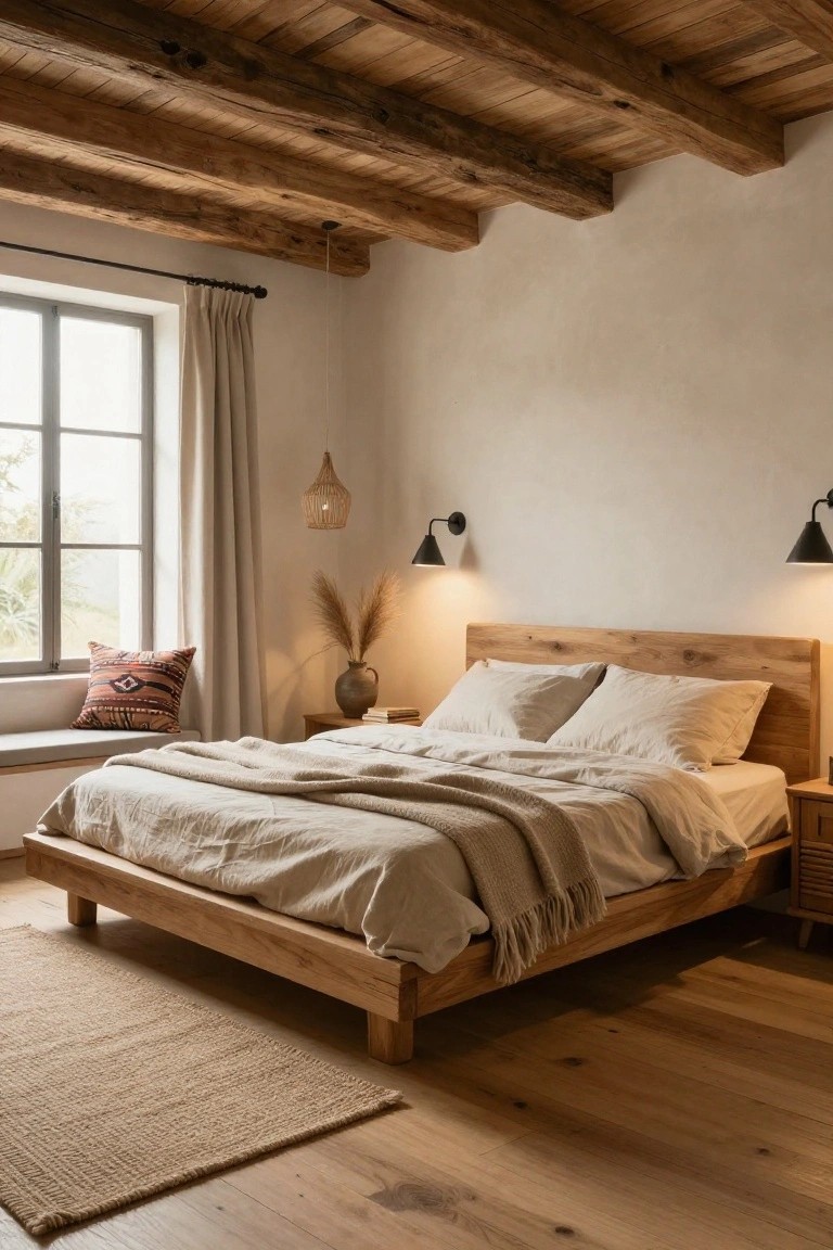 Bedroom with exposed dark wooden ceiling beams, low wooden platform bed dressed in white linen sheets and throw, beige walls, window bench with patterned pillow, potted plants, wall sconces, and rattan pendant light.