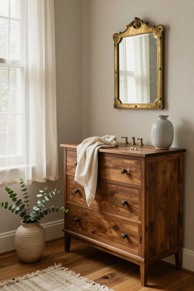Corner of a light gray room with a low three-drawer wooden dresser topped by a draped white linen towel, two brass faucets, gold earrings, and a white textured vase, gold-framed mirror on wall, sheer curtains on window, potted eucalyptus plant, and woven rug on wood floor.