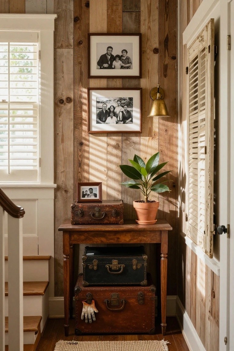 Rustic interior hallway with vertical wood plank walls, a wooden table holding stacked vintage suitcases, a potted plant, framed family photos on the walls, and adjacent stairs with a woven rug on the floor.